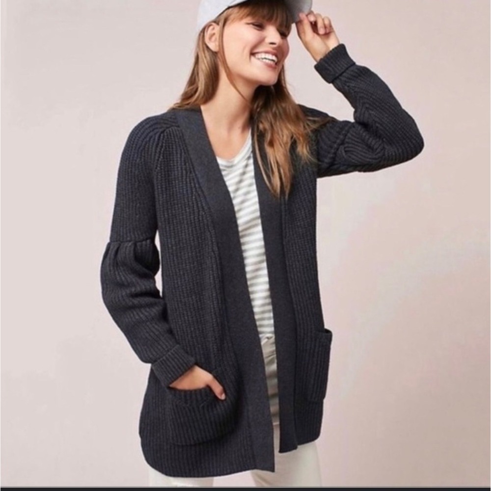 Knitted & Knotted Women's Charcoal Grey Ribbed Bell Sleeve‎ Cardigan Pockets  XS